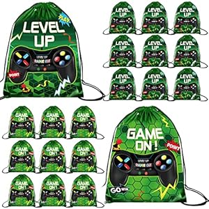 Eccliy 20 Pcs Video Game Party Favor Bags Gamer Birthday Party Drawstring Bags for Kids Boys Girls 12 x 10 Inch Gaming Goodie Treat for Game on Theme Decorations Supplies(Green,Fresh Style)