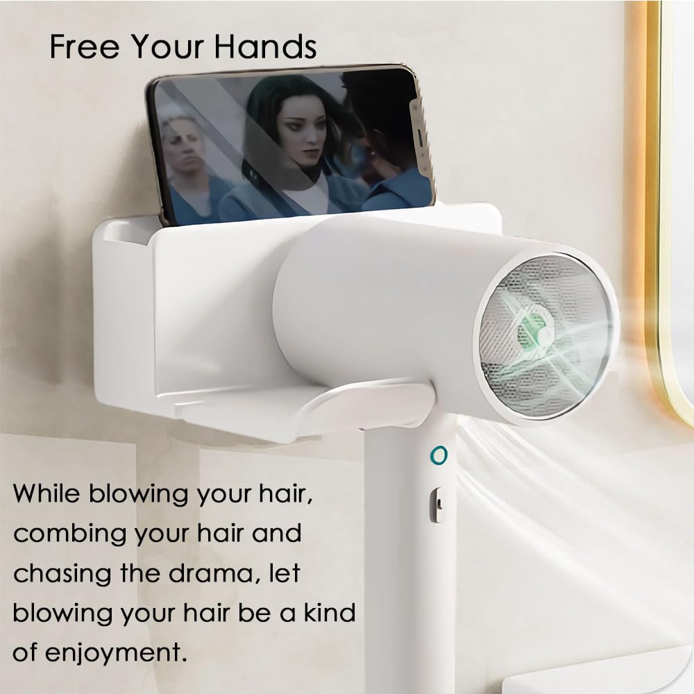 Porta Phone Bagno da Muro, Porta Asciugacapelli, supporto Asciugacapelli, Porta per Asciugacapelli da Parete, Supporto Phon da Parete, Autoadesivo, da Appendere Alla Parete per il Bagno (Bianco)