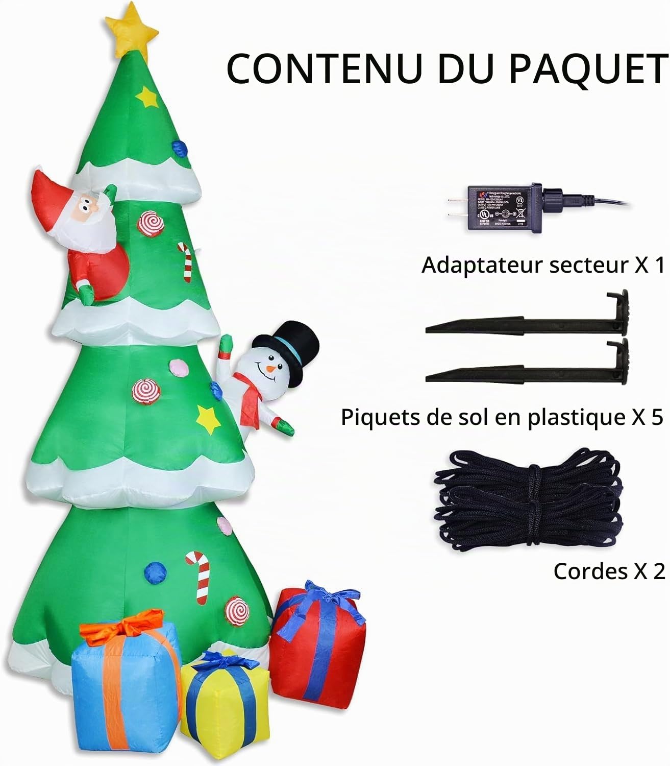 ZXSWONLY Sapin de Noël gonflable vert de 9 pieds avec lumières LED intégrées, décoration de Noël gonflable avec Père Noël et bonhomme de neige pour le jardin de fête de Noël