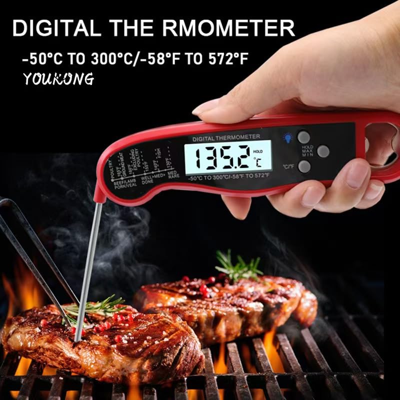 X&E Digital Meat Thermometer for Grilling and Cooking - Waterproof Instant Read Thermometer with Backlight, Foldable Probe, Bottle Opener, and Magnet - Ideal for BBQ, Candy, Frying, Kitchen, Liquid