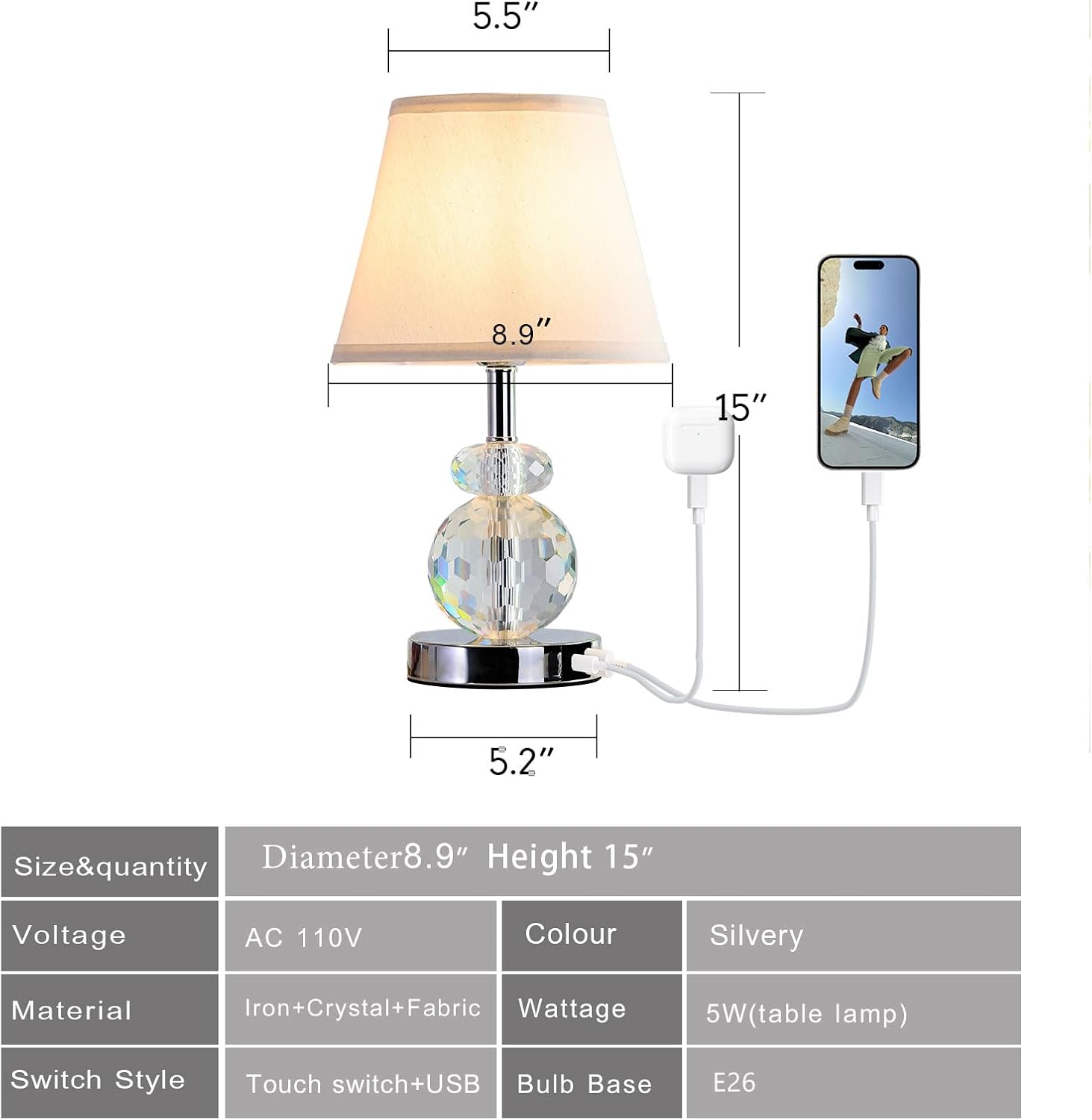 Bedside Touch Control Cristal Table Lamp with Dual USB Charging Ports,Bedroom Lamps for Nightstand Kitchen Living Bookcase Mini Cute Dimmable Small Desk Light-Silvery
