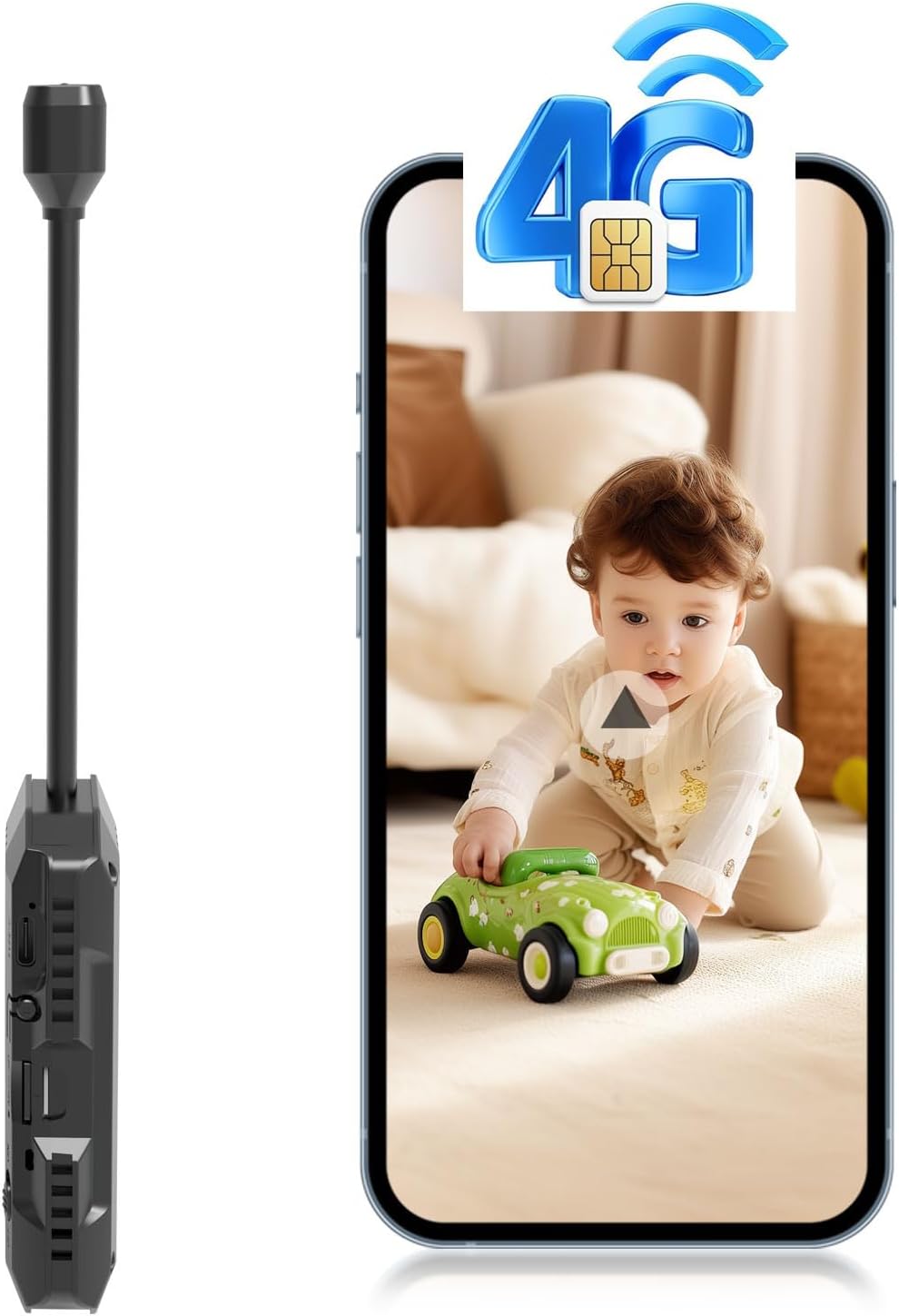 No WiFi required security camera (SIM card included), 4G LTE cellular spy camera, 4K HD mini hidden camera, pet and vehicle monitor, 170° wide-angle view, AI motion detection, night vision capability