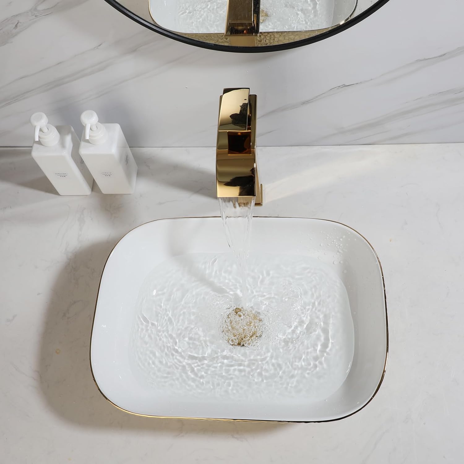 Gold&White Ceramic Vessel Sink Above Counter Bathroom Sink with Faucet and Drain Combo for Modern Bathroom