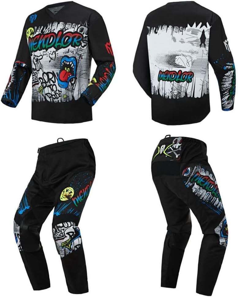 Motocross Jersey Pant Combo Mx Gear Set Mens Women Dirt Bike Enduro Offroad Riding Ride Racewear Racing Adult (Black White, Jersey XXL Pants 38)