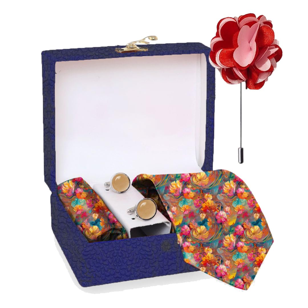 blacksmith Dazzling Floral Printed Tie and Pocket Square Set with Cufflink and Matching Flower Lapel Pin-picture-53