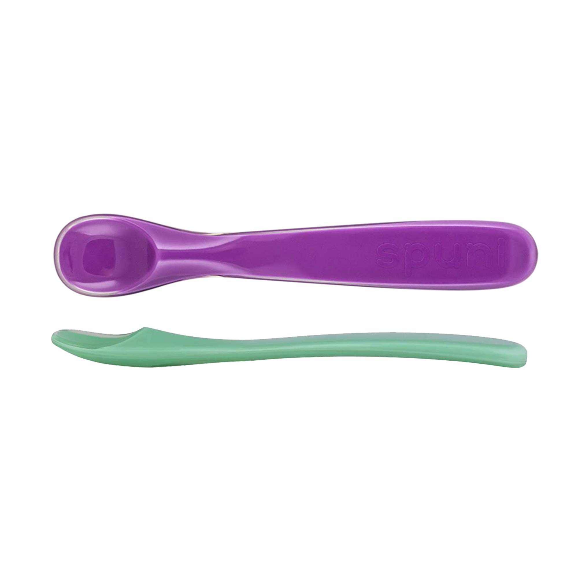 Baby Spoon, Medical-Grade Soft Plastic Infant Feeder, Feeding Spoons for Babies (8 months+), Giggly Green & Peekaboo Purple, 2 Pack