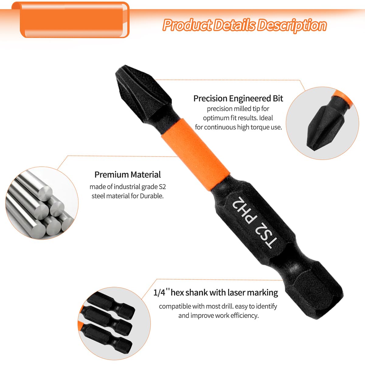 Set 10 Punte Per Avvitatore Magnetico - Acciaio S2, Codolo Esagonale 1/4", PH1/PH2/SL - Foto 3