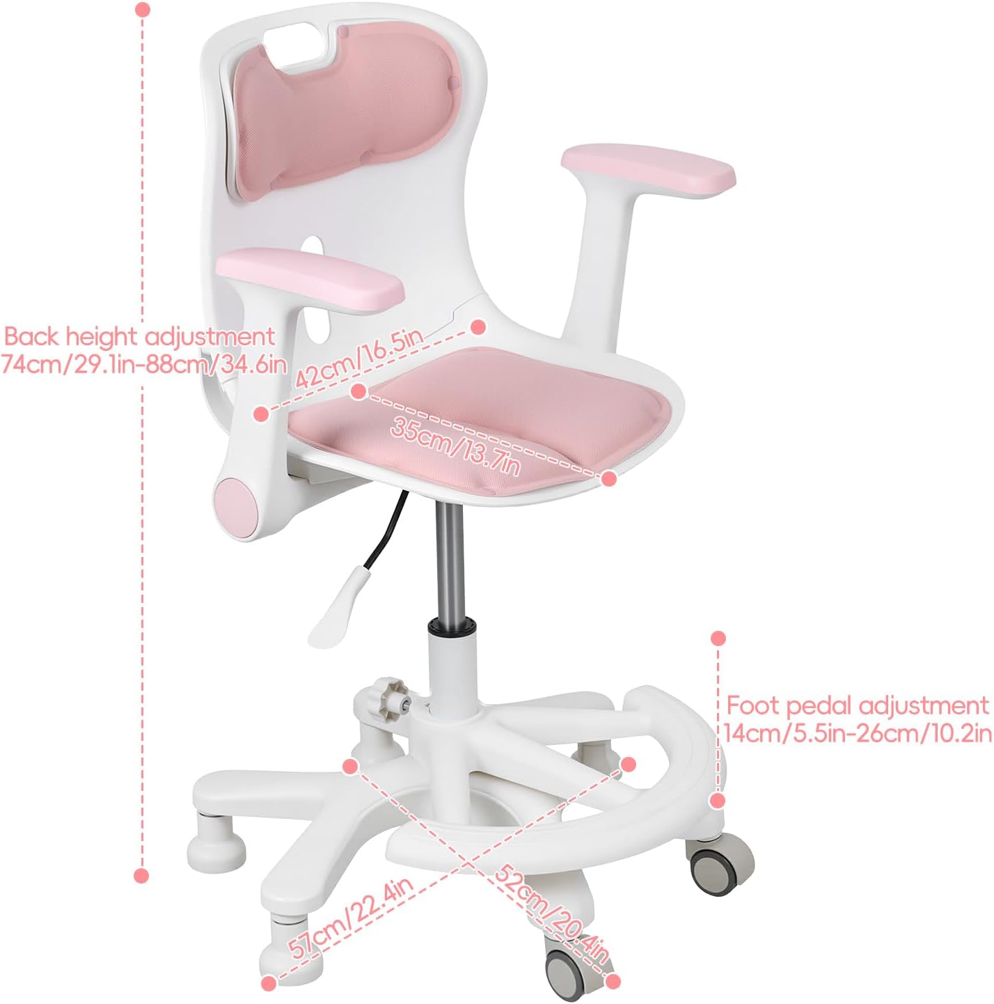 Kids Desk Chair,Ergonomic Swivel Study Chair with Adjustable Armrests & Footrest,Height Adjustable Computer Chair for Children Ages 5-12,Rolling Office Chair for Bedroom Homework Learning Room (Pink)