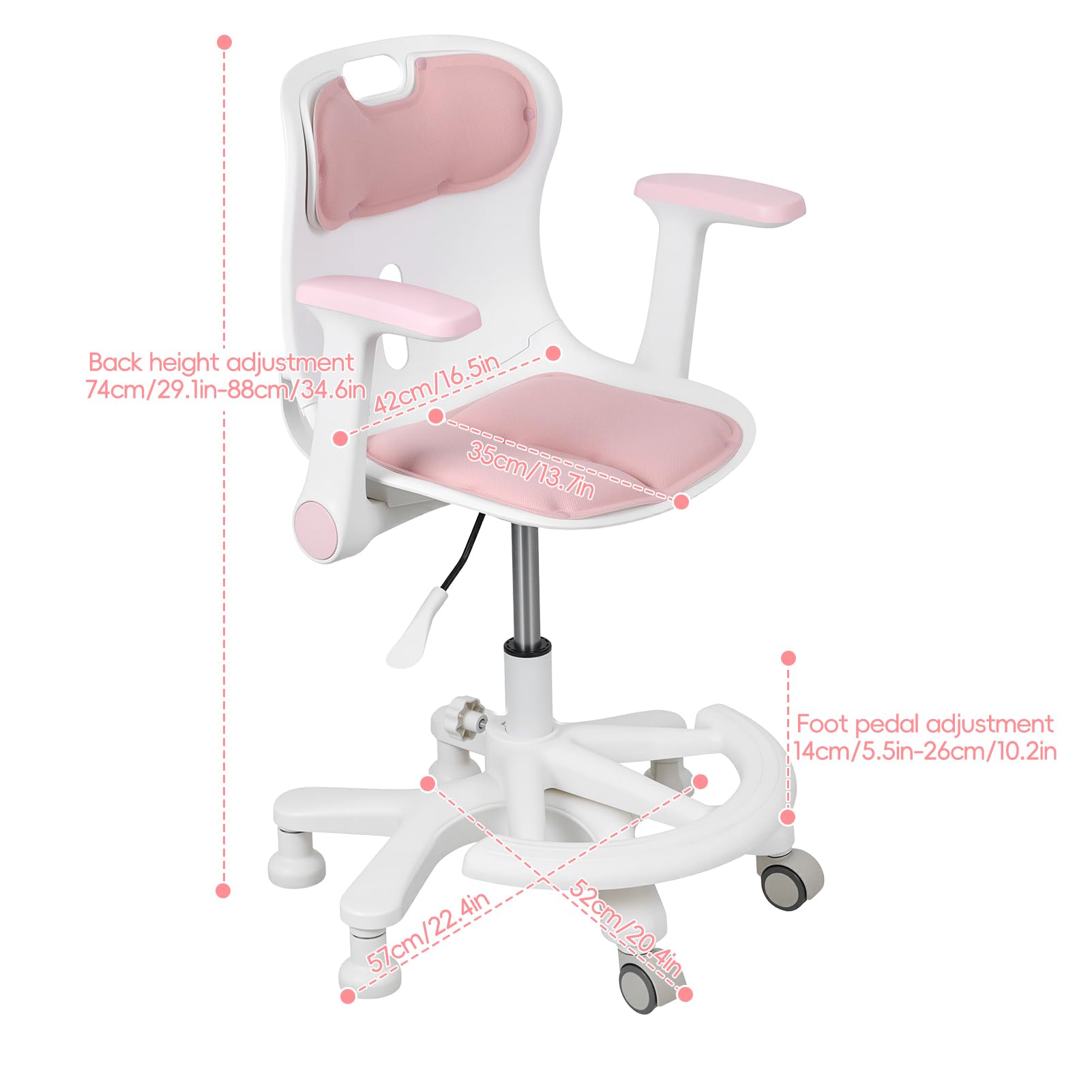 Chaise de Bureau Enfant, Siege Enfant reglable, Fauteuil Etude Ergonomique pivotant 360 degres, Hauteur Ajustable, accoudoirs relevables, Repose Pieds, Chaise Ordinateur Garcon Fille (Pink)
