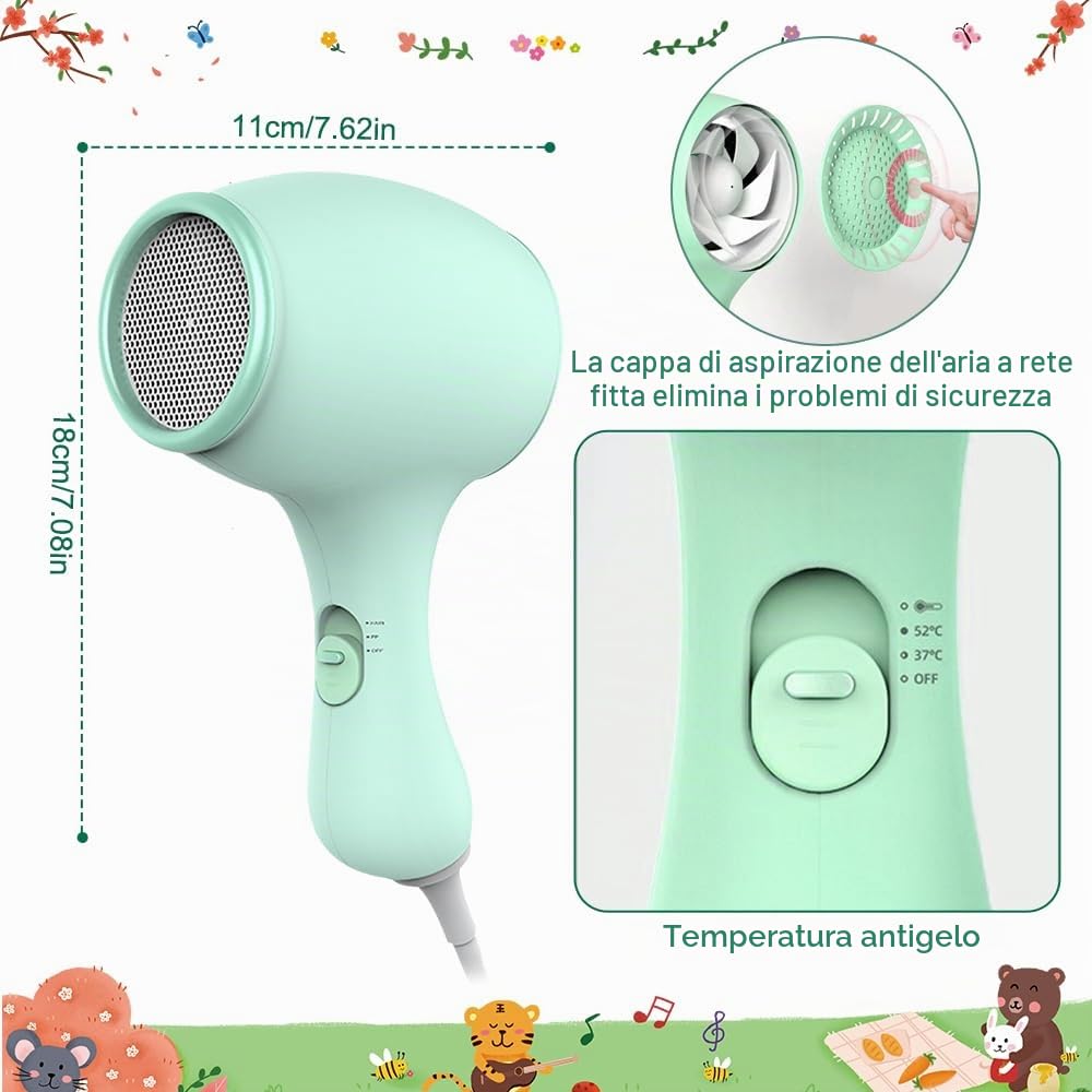 Phon Bambini 550W Mini Asciugacapelli Viaggio Silenzioso Calore Delicato Ragazze (Verde) 3 Impostazioni Velocità