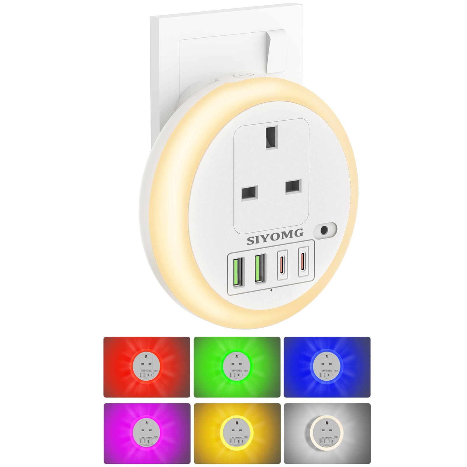 SIYOMG LED Night Light Plug-in Wall with 4 USB Ports and 1 Outlet, Smart Dusk to Dawn Sensor