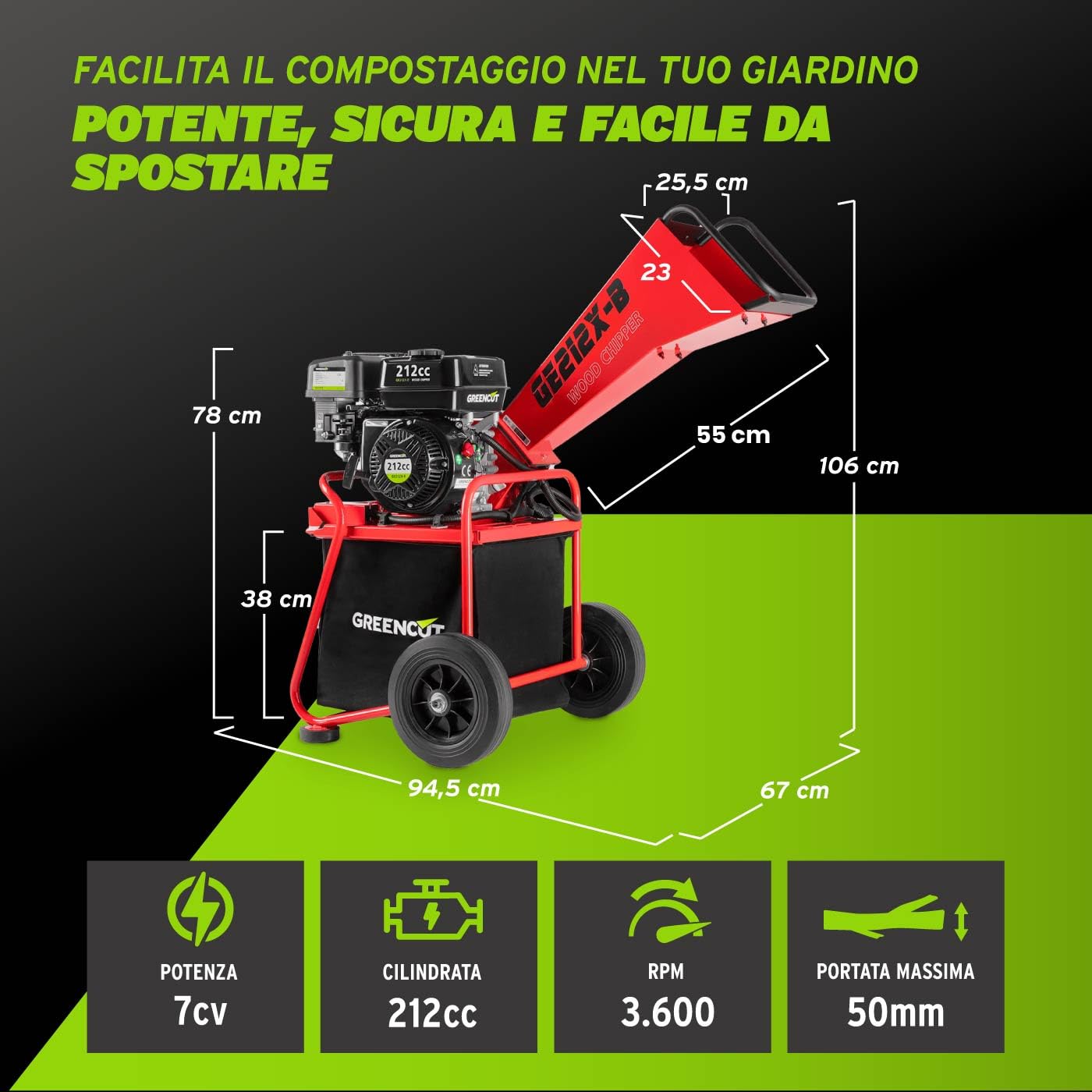 GREENCUT GE212X-B - Trituratore a benzina 212cc 7cv, tritura rami fino a 50 mm, include sacco da 64 L, con ruote e maniglia per il trasporto, rosso