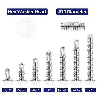 #10 x 3/4 Hex Washer Head Self Tapping Screws, TEK Screws, Self Drilling, Stainless Steel 410 Sheet Metal Screws, White Head, 100 PCS