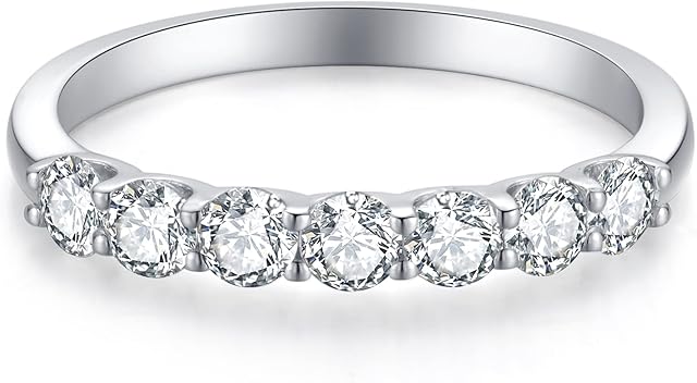 MYSTCODE Moissanite Wedding Band 18K White Gold Plated 925 Sterling Silver 7 Stone Engagement Rings 0.7ct D Color VVS1 Lab Created Diamond Half Eternity Wedding Band Stackable Ring for Women