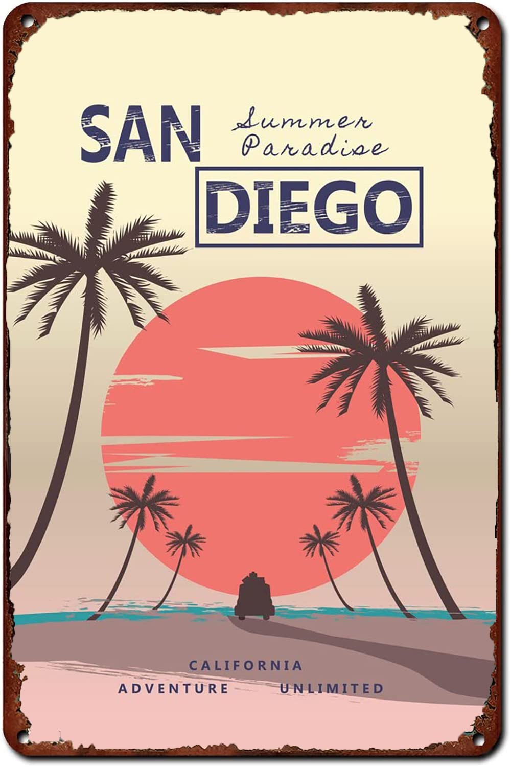 Vintage Metal Tin Sign, San Diego California Summer Travel Wall Decor, 8x12 Inch