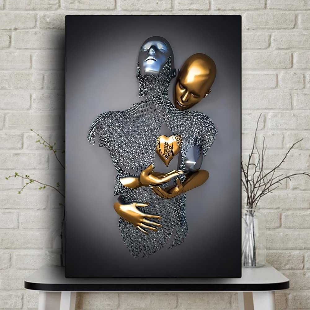 chongjian Liebe Herz 3D Grau Leinwand Wandkunst Moderne Gemälde 3d Abstrakt Umarmung Wanddekoration Schwarz und Weiß Metallfigur Skulptur Effekt Bild Wohnzimmer Dekoration (Gold Mit Rahmen, 16x24in)