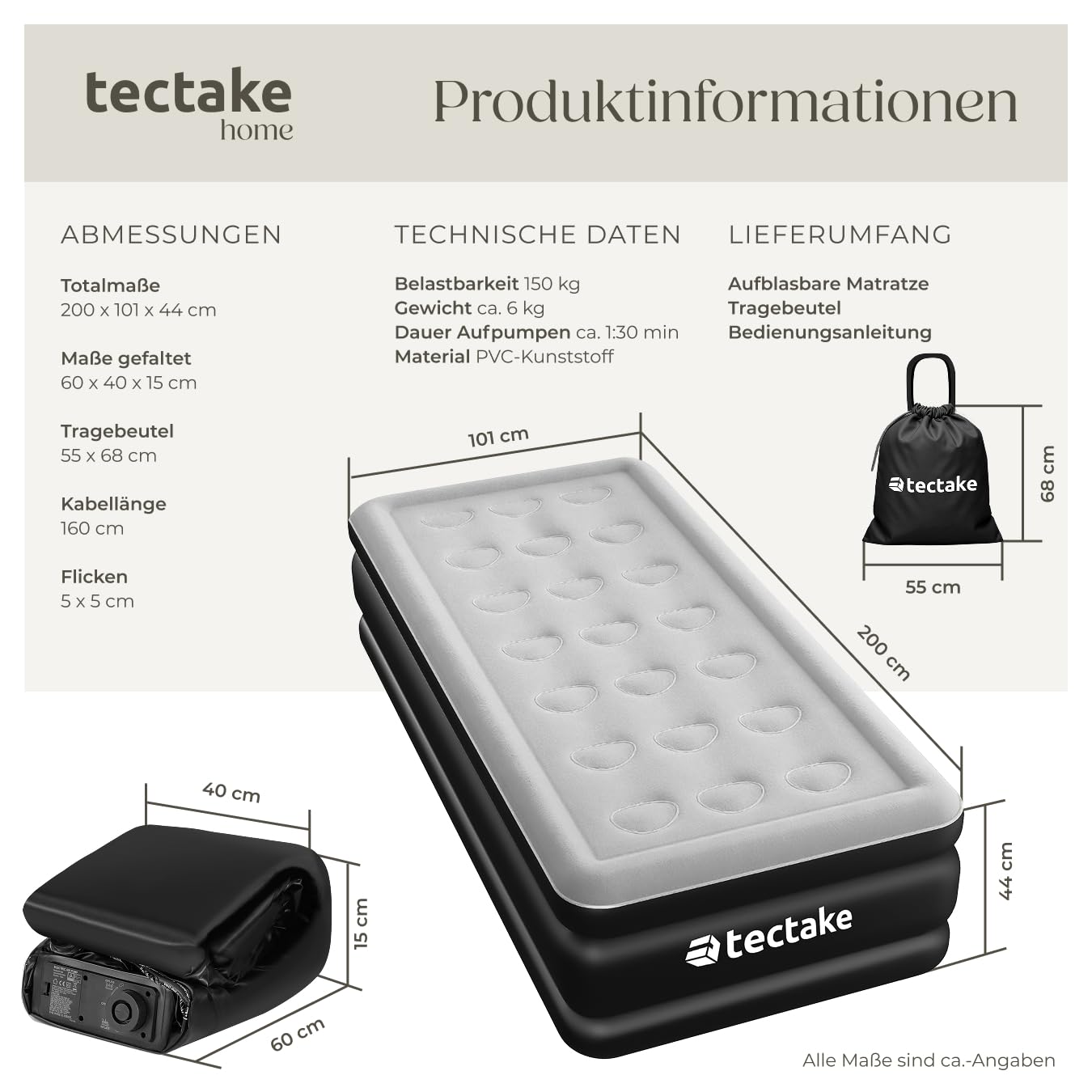 tectake® aufblasbare Matratze, Schlafmatratze, Bett mit Elektropumpe, Luftmatratze selbstaufblasend, Luftbett, Reisebett für Camping, als Gästebett, mit Transporttasche - 200 x 101 x 44 cm