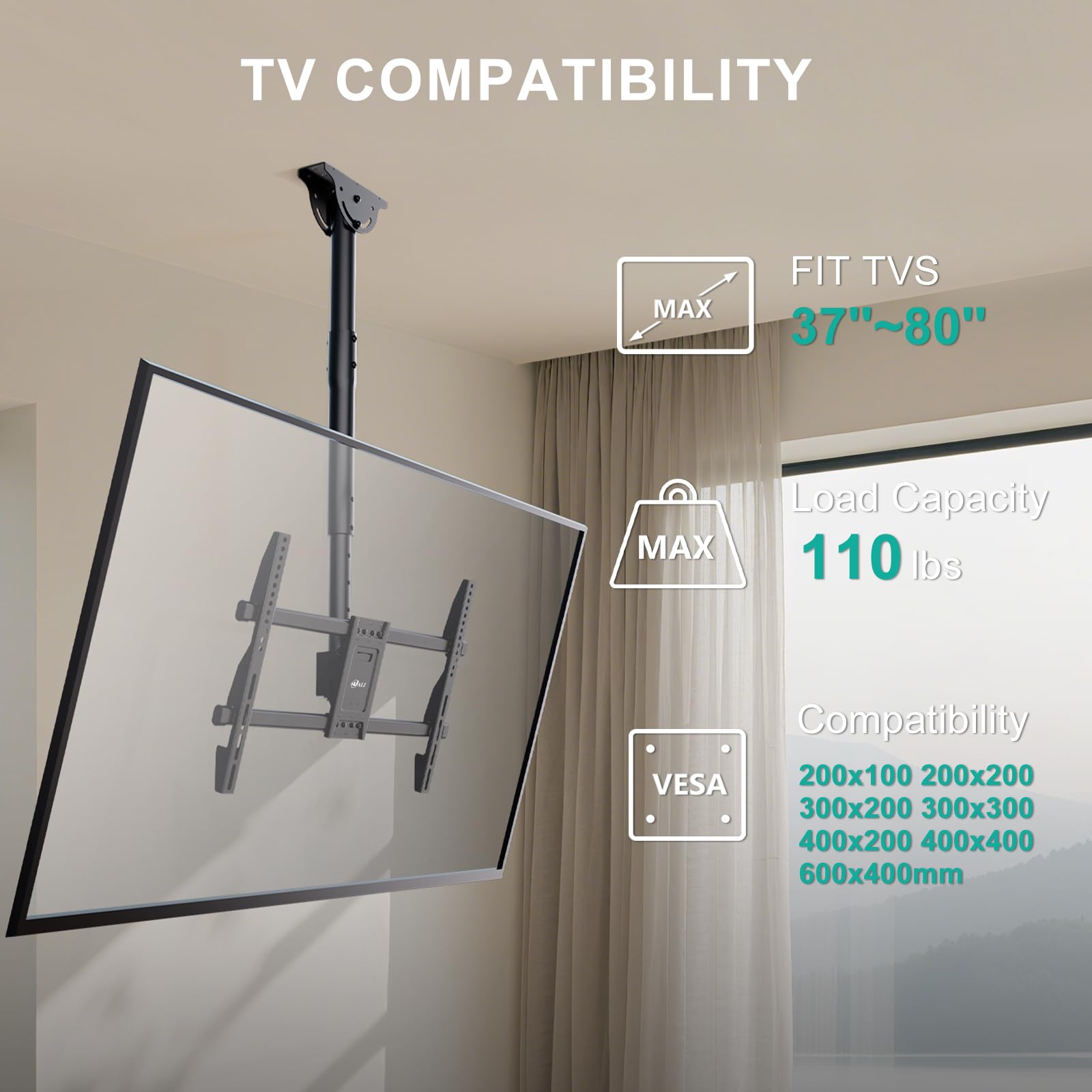 WALI Tv-plafondbeugel, plafondbeugel met kantel- en zwenkfunctie, geschikt voor Ultrawide LED, LCD, OLED 4K TV (37-70 inch), tot 50 kg, VESA 600 x 400 mm (CM3770), zwart WALI Tv-plafondbeugel, plafondbeugel met kantel- en zwenkfunctie, geschikt voor Ultrawide LED, LCD, OLED 4K TV (37-70 inch), tot 50 kg, VESA 600 x 400 mm (CM3770), zwart