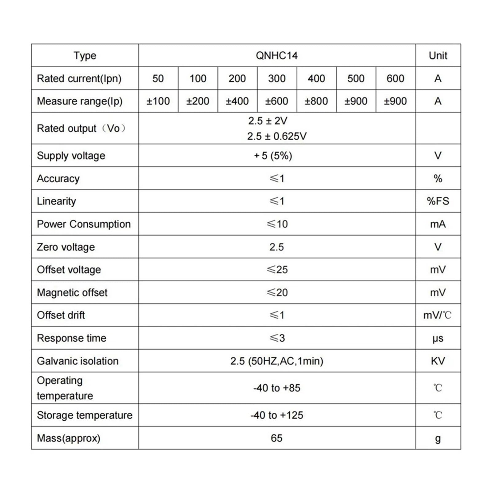 trasduttore di Hall Sensore di Corrente Hall QNHC14 Ingresso ±50A ±100A ±200A ±300A ±400A ±500A Uscita 2,5V±2V 2,5V±0,625V trasduttore di Corrente Hall(300A 2.5V 0.625V)