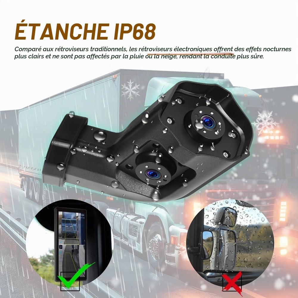 Moniteur Vertical de Vue Latérale de Voiture de 10,36 Pouces pour Rétroviseur de Camion et de Bus, Écran Tactile, Enregistreur DVR IP68 à 2 Canaux, Gauche
