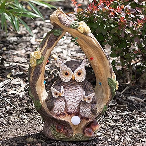 GloBrite Solar Owl Family on Tree Log Statue LED Light for Outdoor Decorations | Resin Accessories Statue Porch Light Ornament | Patio Lawn Yard Garden Decor