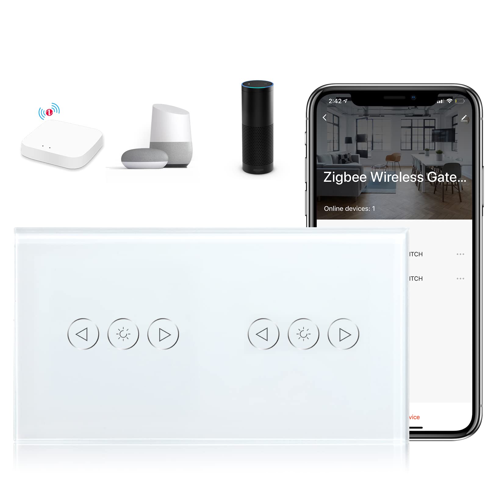 BSEED Zigbee Doppelt Dimmer Schalter Alexa Berührung Wandschalter Glasscheibe Dimmerschalter Alexa/Tuya/Google kompatible Glas(ZigBee Hub Erforderlich) Weiß