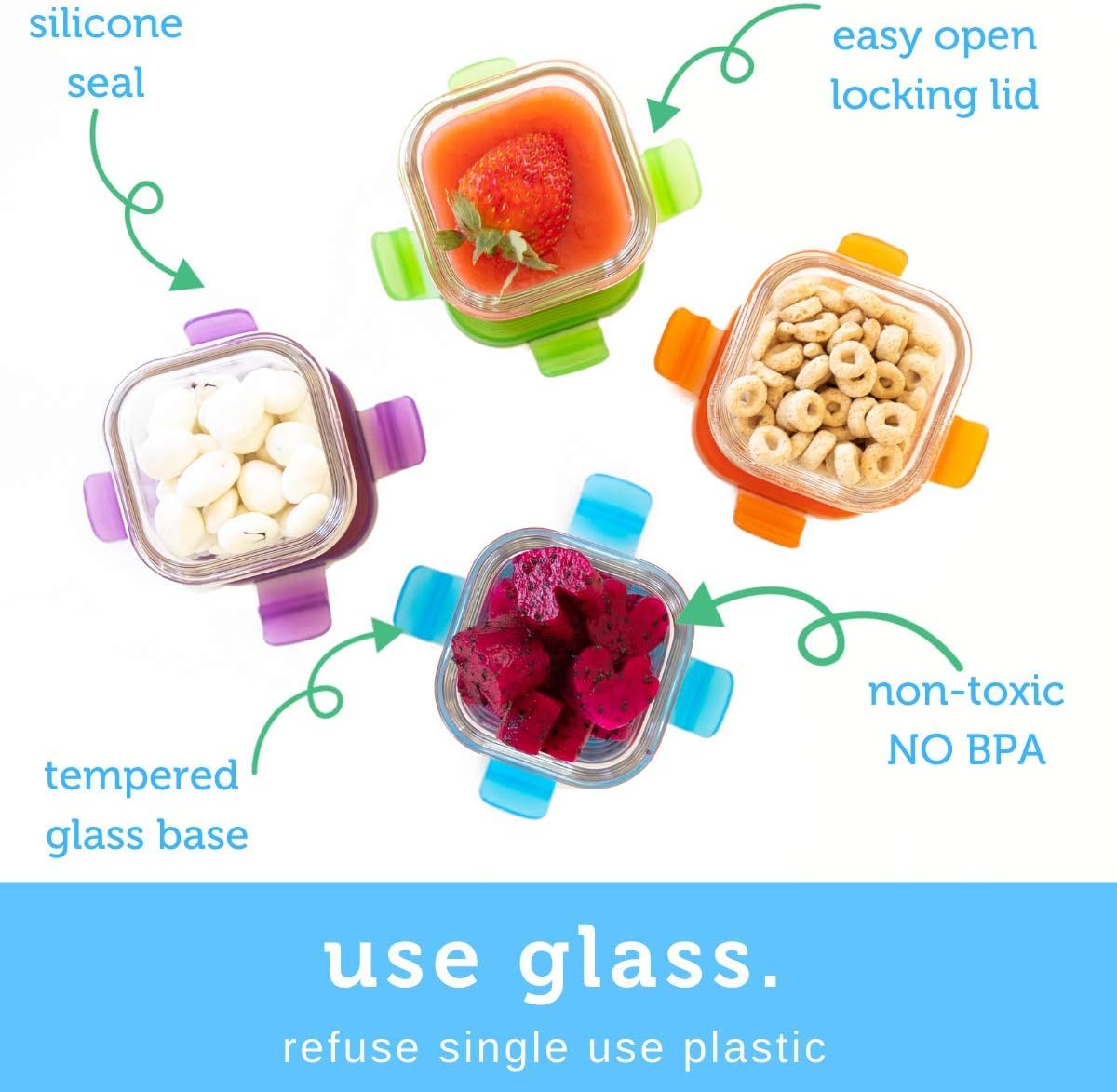 Wean Cube Glass Food Storage Garden Pack - Pack of Four (4), 4 oz Square containers Blue, Orange, Green, Purple