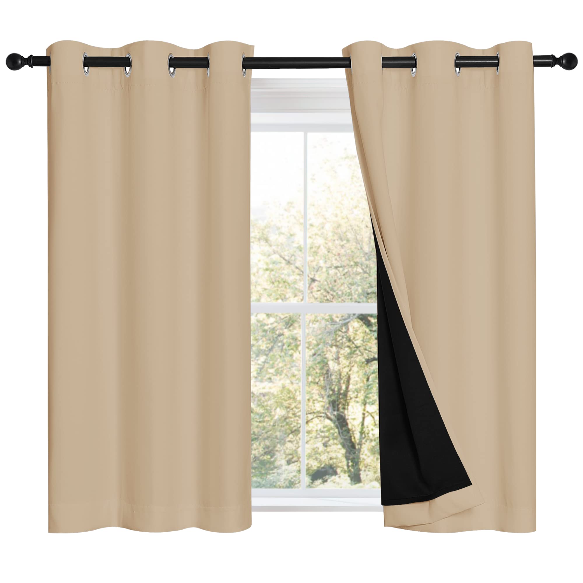 NICETOWN Biscotti Beige Bedroom Full Blackout Curtain Panels, Super Thick Insulated Window Covers, Complete Blackout Draperies with Black Liner for Short Window(Set of 2, 42 by 45-inch)