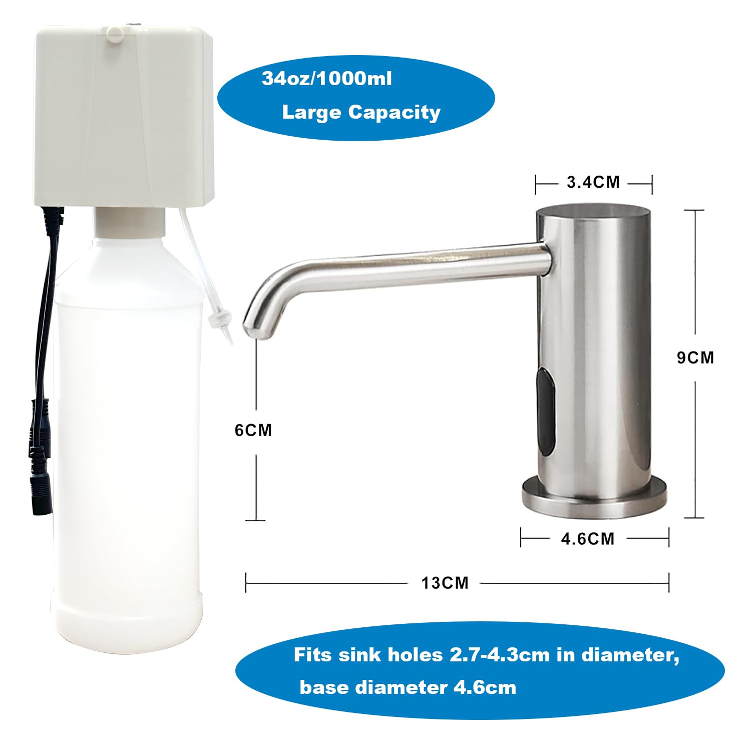 Distributeur de savon automatique sans contact pour évier de cuisine et salle de bain - Distributeur de savon électrique liquide commercial en nickel brossé avec bouteille et pompe - Nickel brossé