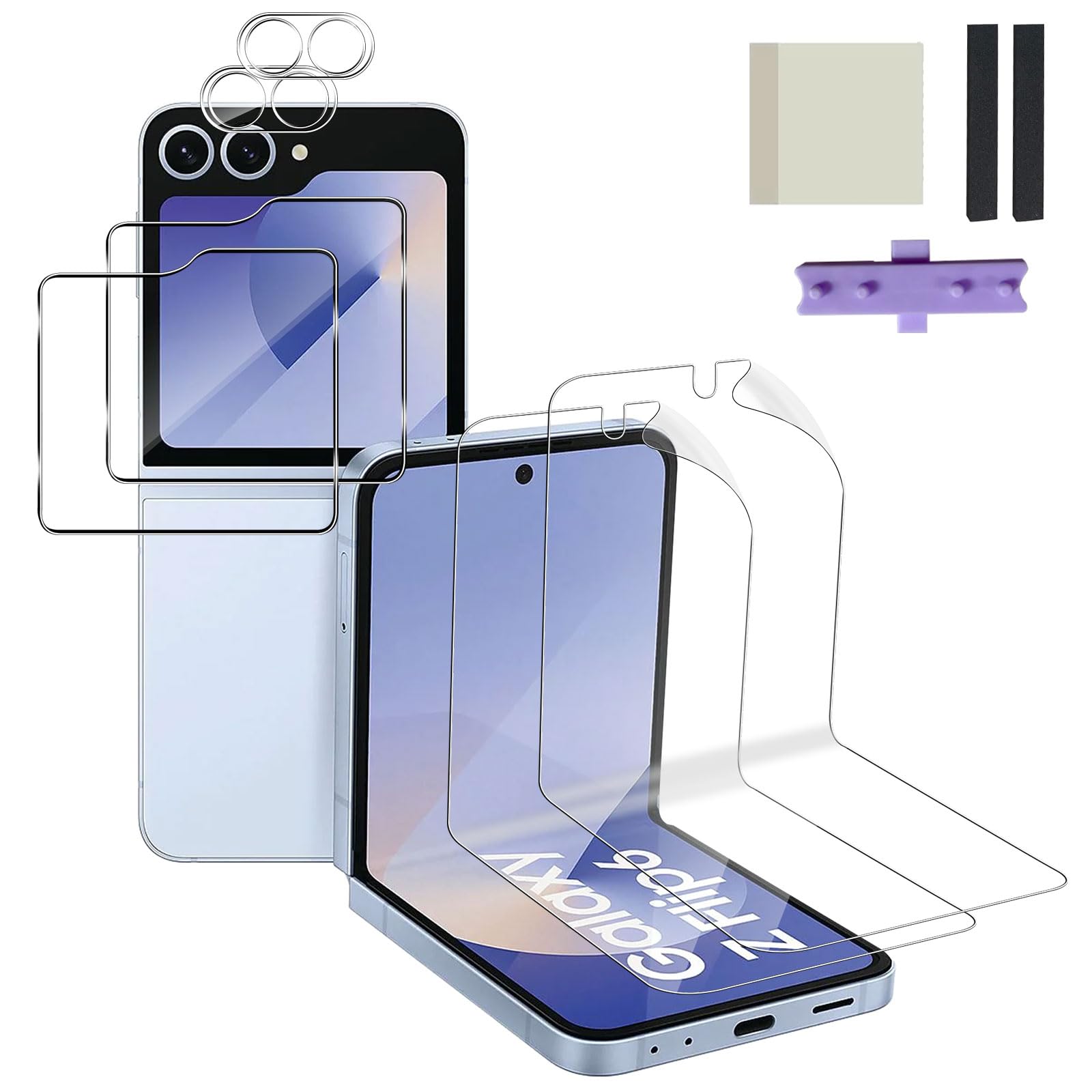 Screen Protector for Samsung Galaxy Z Flip 6 5G, 2pcs Soft Flexible TPU Film & 2pcs Tempered Glass Armored Film & 2pcs Camera Lens Protector, [Fingerprint Support,HD Clear] Bubble-free Film
