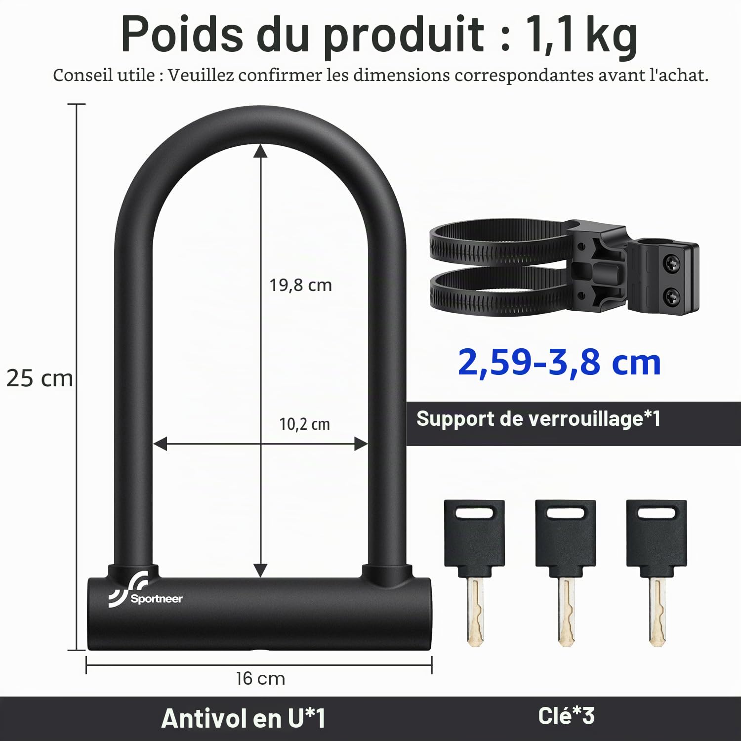 Sportneer Antivol pour vélo, cadenas en U de 18 mm avec support réglable, clés antivol sécurisées pour vélos, vélos électriques, motos, scooters, 25 x 16 cm