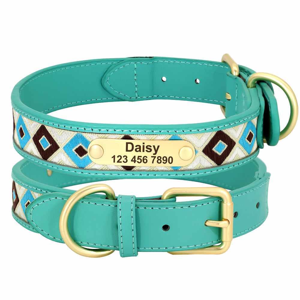 Sehr hochwertiges Hundehalsband mit Namen, Textilinlay und Gravur L 44-54cm / Türkis