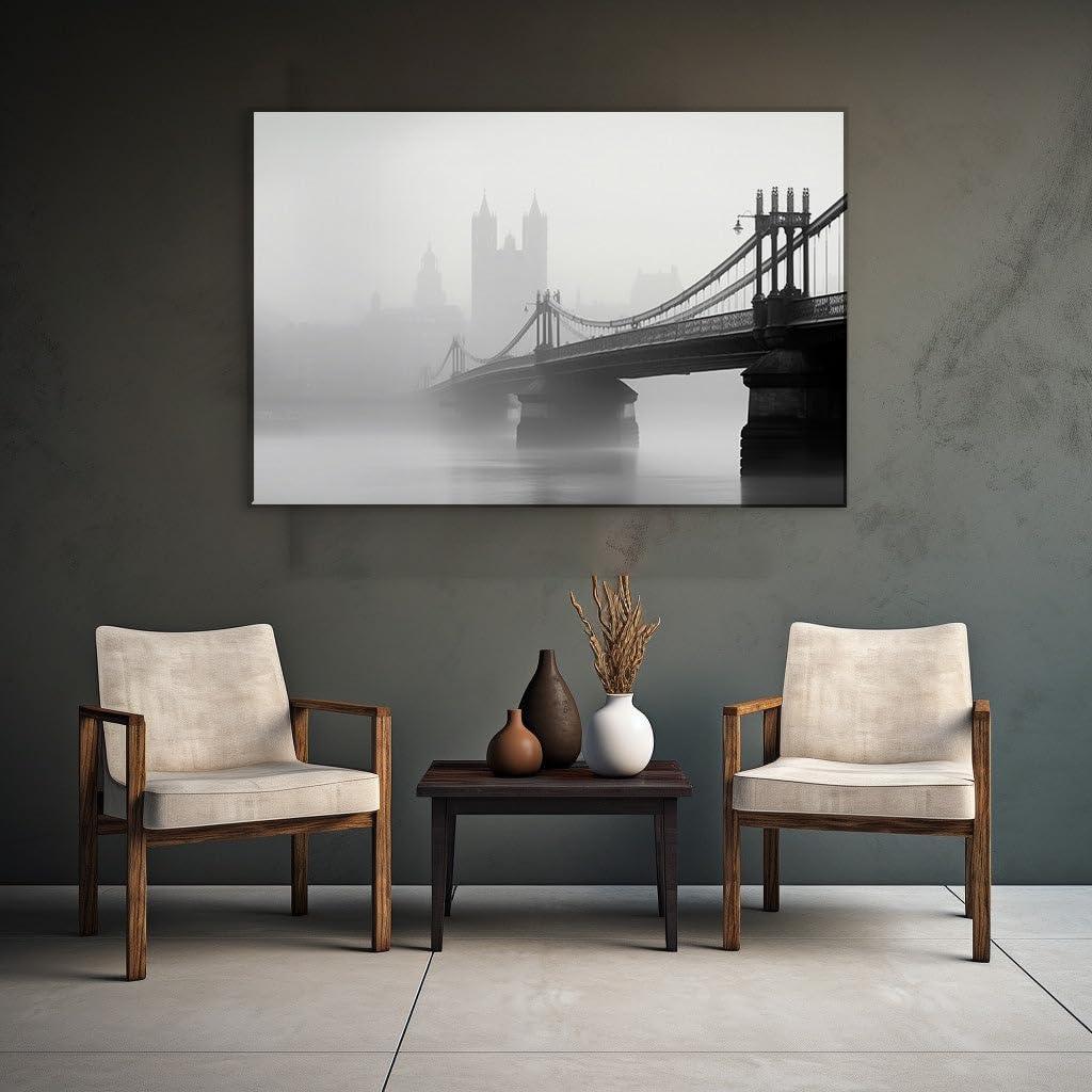 Canvas for Living room. Mystic Veils of Time Bridging the Fog-Draped River, 27 x 18 inch Canvas Wall Art - Contemporary Masterpieces - Modern Home Decor