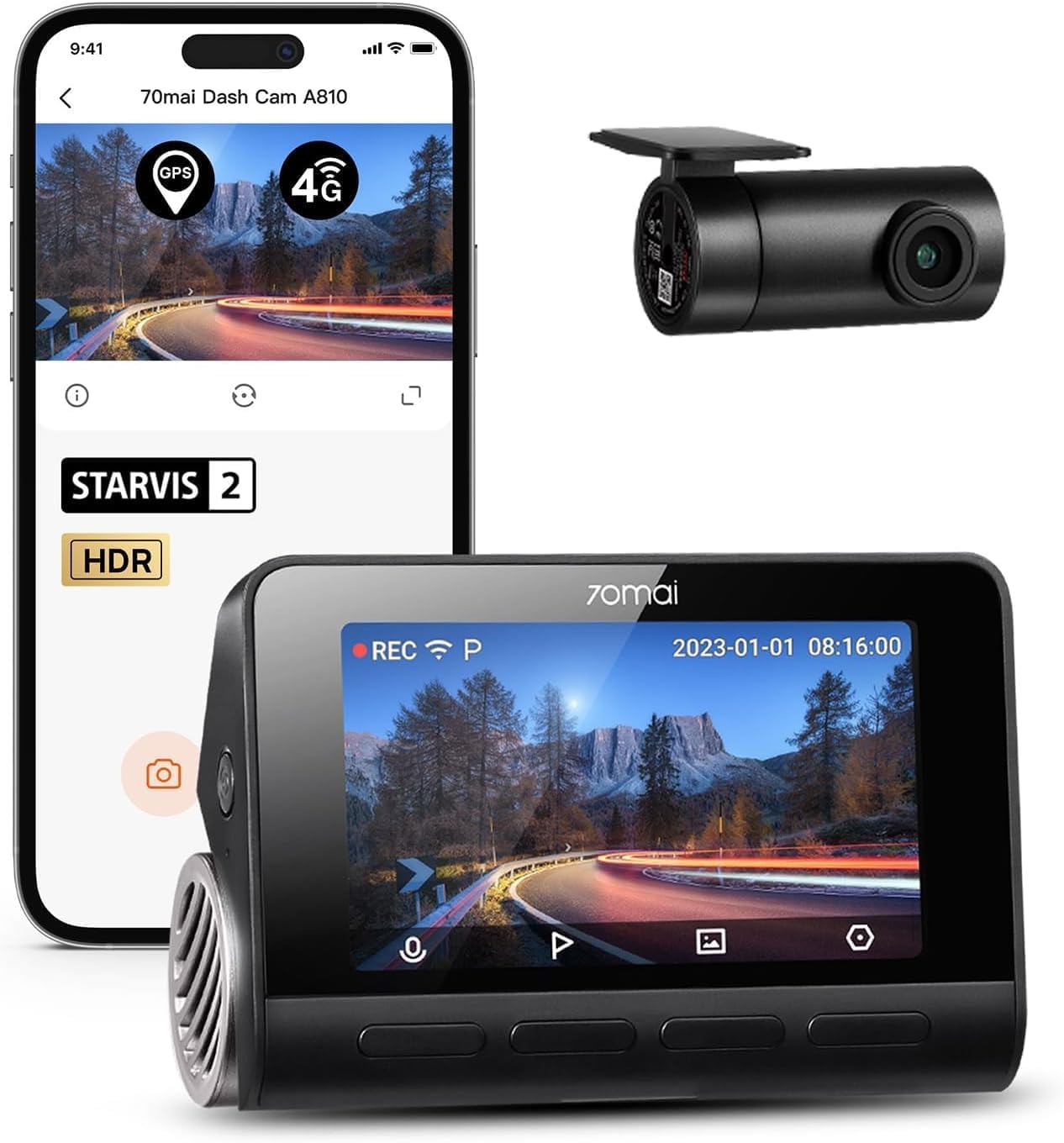 70mai A810S 4K Dual Dash Cam Front & Rear, STARVIS 2 HDR Super Night Vision, AI Motion Detection & 24/7 Parking, Built-in GPS, Wi-Fi & Optional 4G Remote Viewing, ADAS, Loop Recording, Time-Lapse
