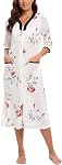 Women's Zipper Front Robe 3/4 Sleeve Housecoat Calf Length Casual Nightgown Loose Bathrobe with Pockets