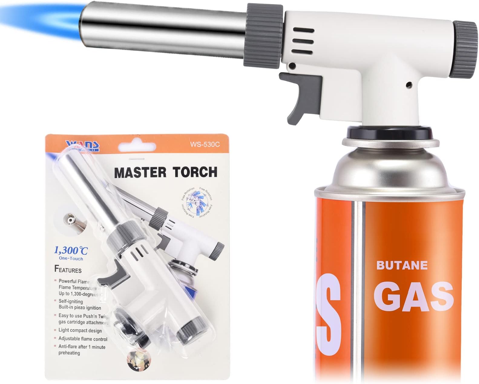 Butane Torch Kitchen Blow Lighter, 360 Degree Reverse Professional Chef Culinary Torch with Safety Lock and Adjustable Flame for Cooking Crème Brulee Soldering Baking (Butane Gas Not Included)