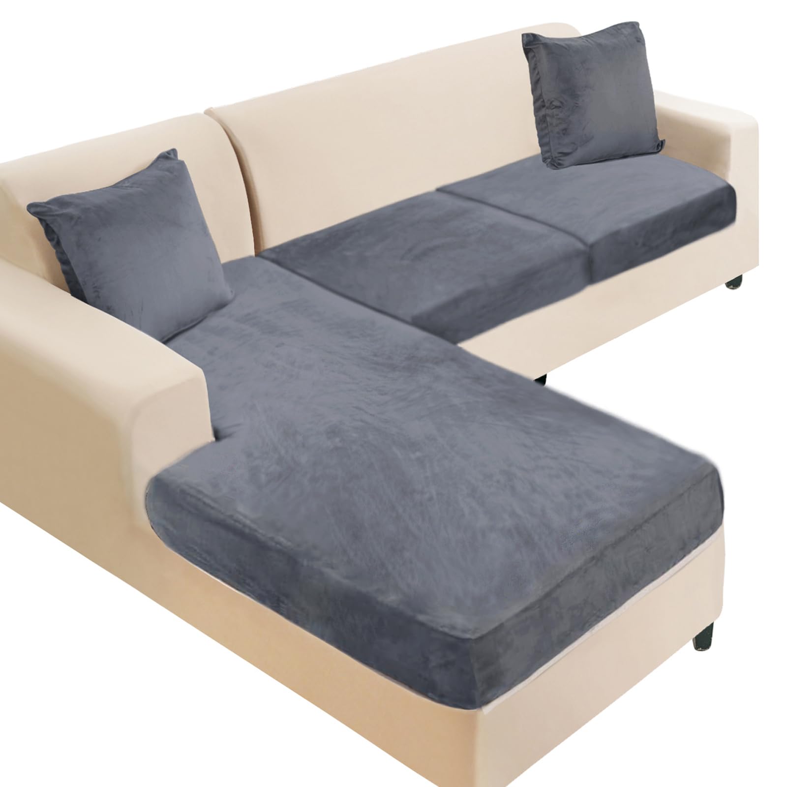 NAISI Sectional Couch Cover 3 Pieces Velvet Separate Couch Cushion Covers L Shape Soft Stretch Sofa Slipcovers with 2pcs Pillowcases for Left/Right Chaise Sectional Couch(2 Seater+1 Chaise,Dark Grey)