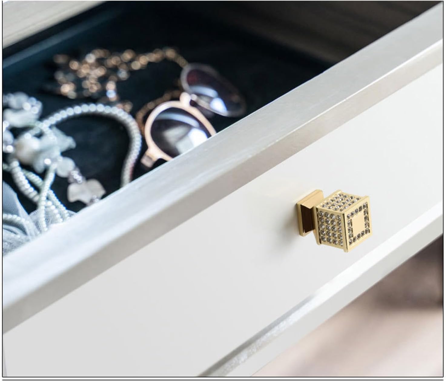 4PCS Crystal Drawer Knobs, Rhinestone Drawer Handle Gold Drawers Pull Silver Cabinet Handle Rhinestone Cabinet Pull Diamond Square Cabinet Knobs Cylinder Dresser Handle Pull (Gold Square)