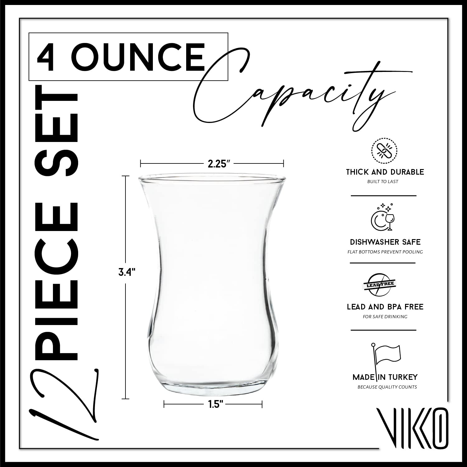 Vikko Teacups, vasos de té turcos, juego de 12 tazas de té turcas auténticas, vaso de té de 4 onzas
