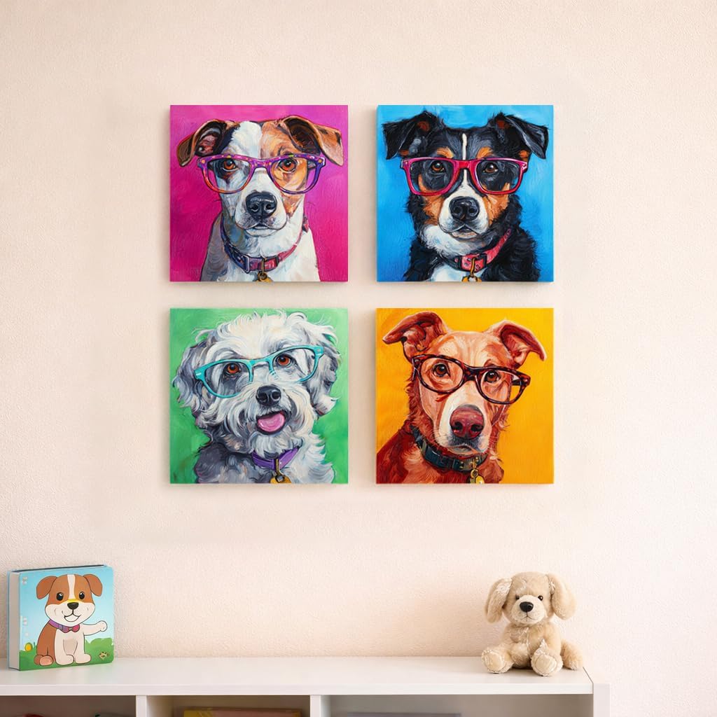 Artiluxy Cute Cat Canvas Wall Art Set of 4, 12x16 Inch Colorful Cat Portrait Prints with Glasses, Funny Pet Wall Decor for Living Room Bedroom, Ready to Hang (Green B)