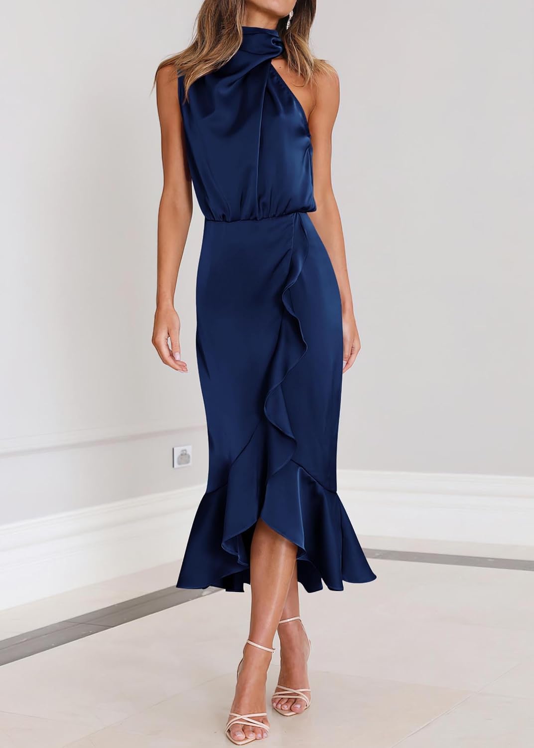 KIRUNDO Women 2026 Spring Summer Satin Mock Neck Wedding Guest Party Cocktail Midi Dress Sleeveless Wrap Ruffle Formal Dress - Image 2