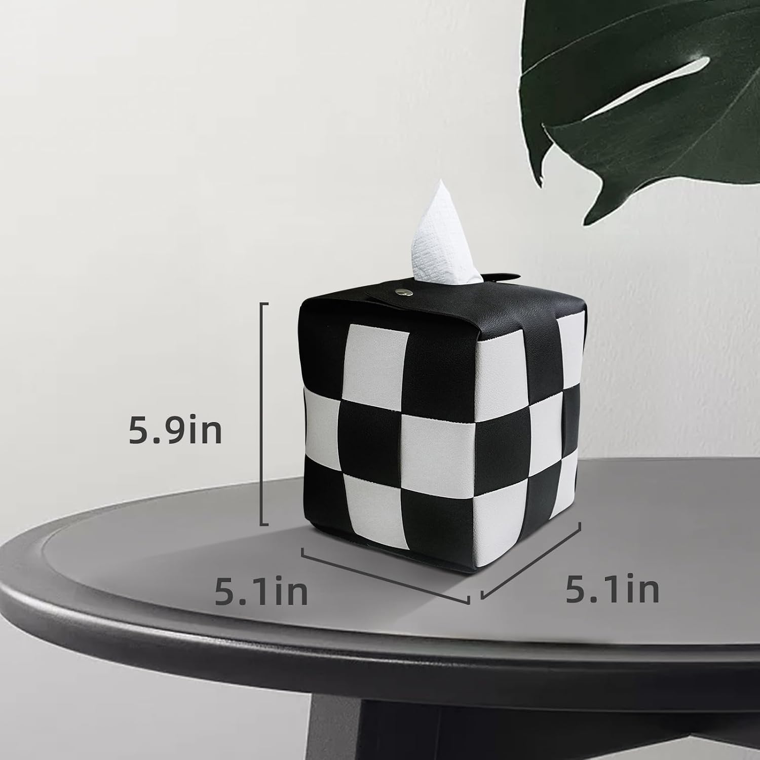 MSJGA Tissue Box Cover, Square PU Leather Tissue Box Holder with Metal Buckle, Checkered Tissue Box, Decorative Organizer for Bedroom, Vanity Desk, Nightstand, Bathroom, Office (Black)