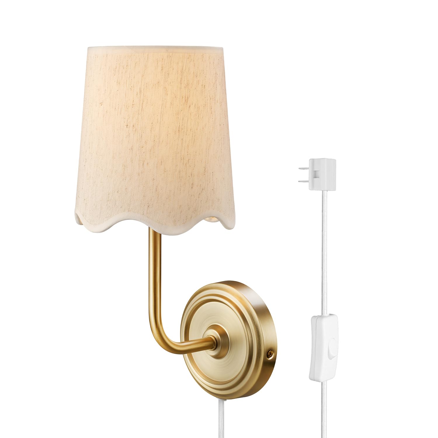 novogratz x globe 1-light hardwire or plug-in wall sconce, matte brass, white fabric shade, in-line rocker switch, 6 ft fabric cord included