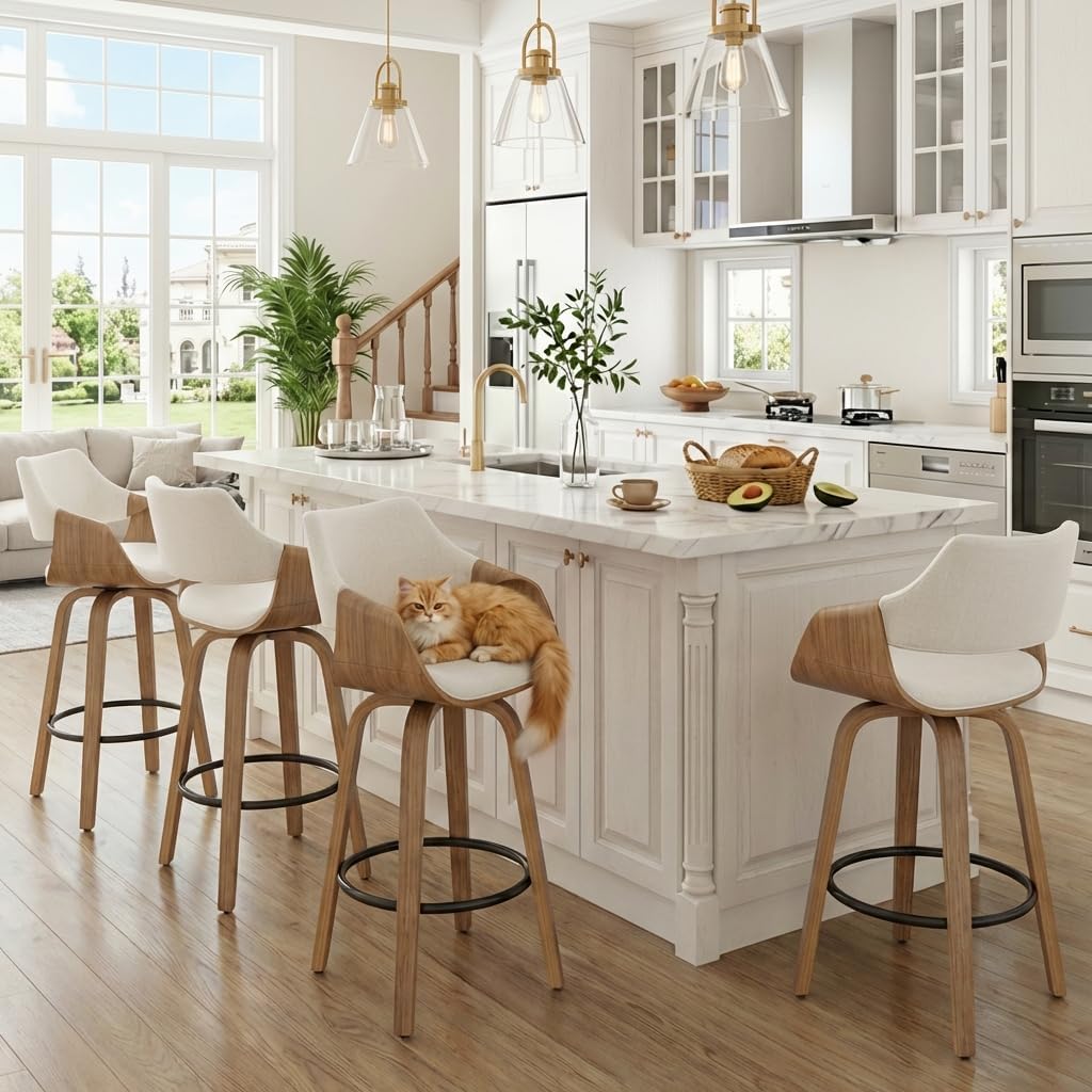 26 Inch Modern Barrel Swivel Counter Stools Counter Height Swivel Bar Stools with Backs Set of 4, Beige Linen Upholstered Bar Height Island Chairs, Farmhouse Solid Wood Barstools for Kitchen Island