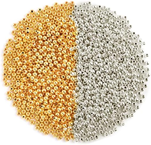 1500Pcs 4mm Spacer Round Beads Smooth Loose Ball Beads for Bracelet Necklace Jewelry Making Craft Supplies, Silver & Gold