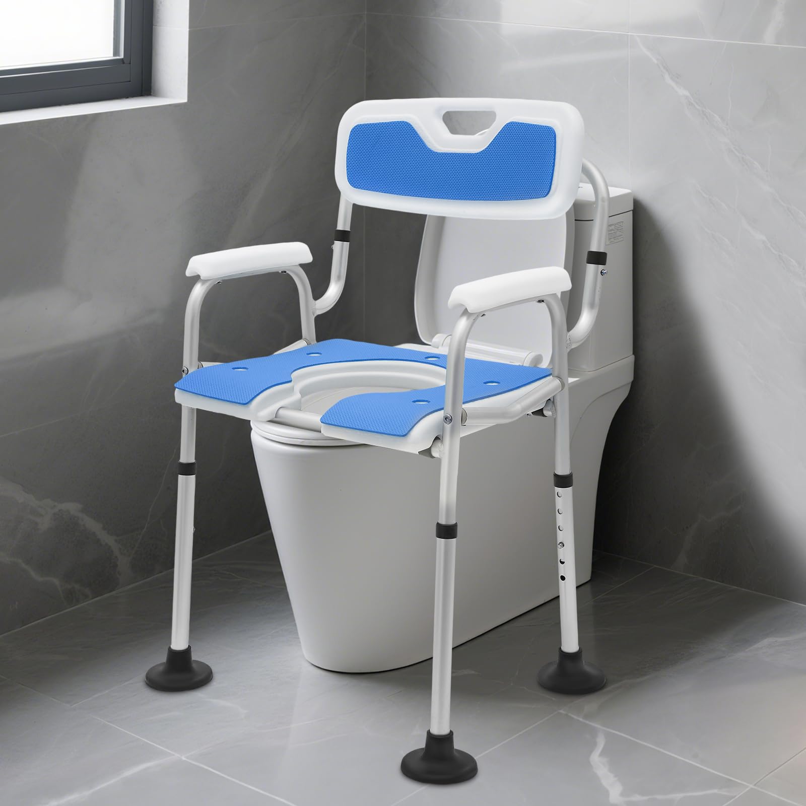 Silla de ducha para personas mayores, taburete de ducha con respaldo, asiento de ducha con 6 niveles de altura ajustable, capacidad de carga de 150 kg, silla de inodoro, ayuda para ducha para personas