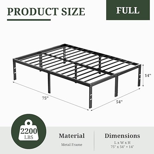 Miniatura 2 de Base de cama tamaño matrimonial, base para cama con plataforma de metal de 14 pulgadas con soporte de listones de acero resistente, no requiere