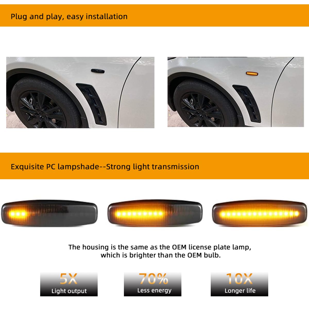 Dynamic LED Side Marker Turn Signal Blinker For Infiniti FX35 FX37 G35 EX25 – Smoked/Tinted, 12V