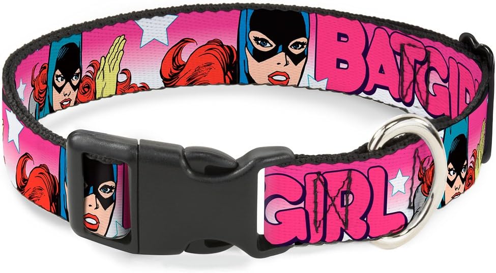 Buckle-Down Batgirl Bubble Letters with Stars Pink/White Plastic Clip Collar, Wide Large/18-32"