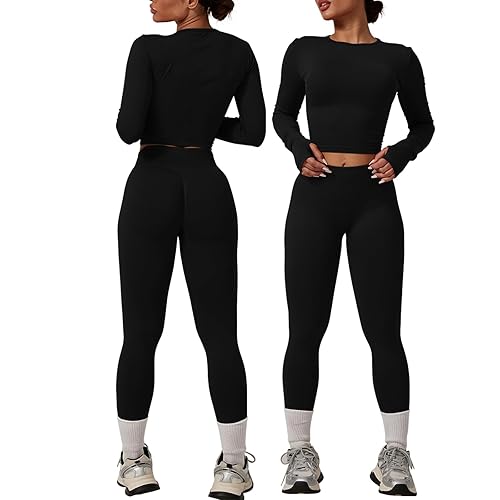 MAYROUND Workout Sets for Women 2 Piece Long Sleeve Top Hidden Scrunch Leggings Gym Set Seamless Yoga Outfit Athletic Clothes - Medium - Black